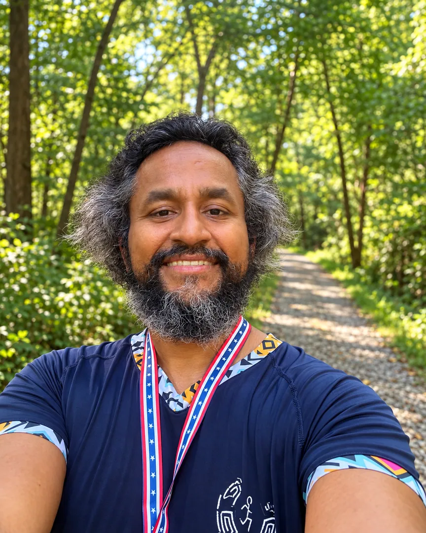 Chatterpaul on a wooded trail wearing a race medal