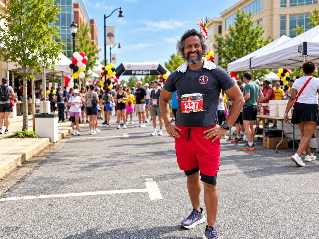 Chatterpaul smiling at a busy race festival finish area