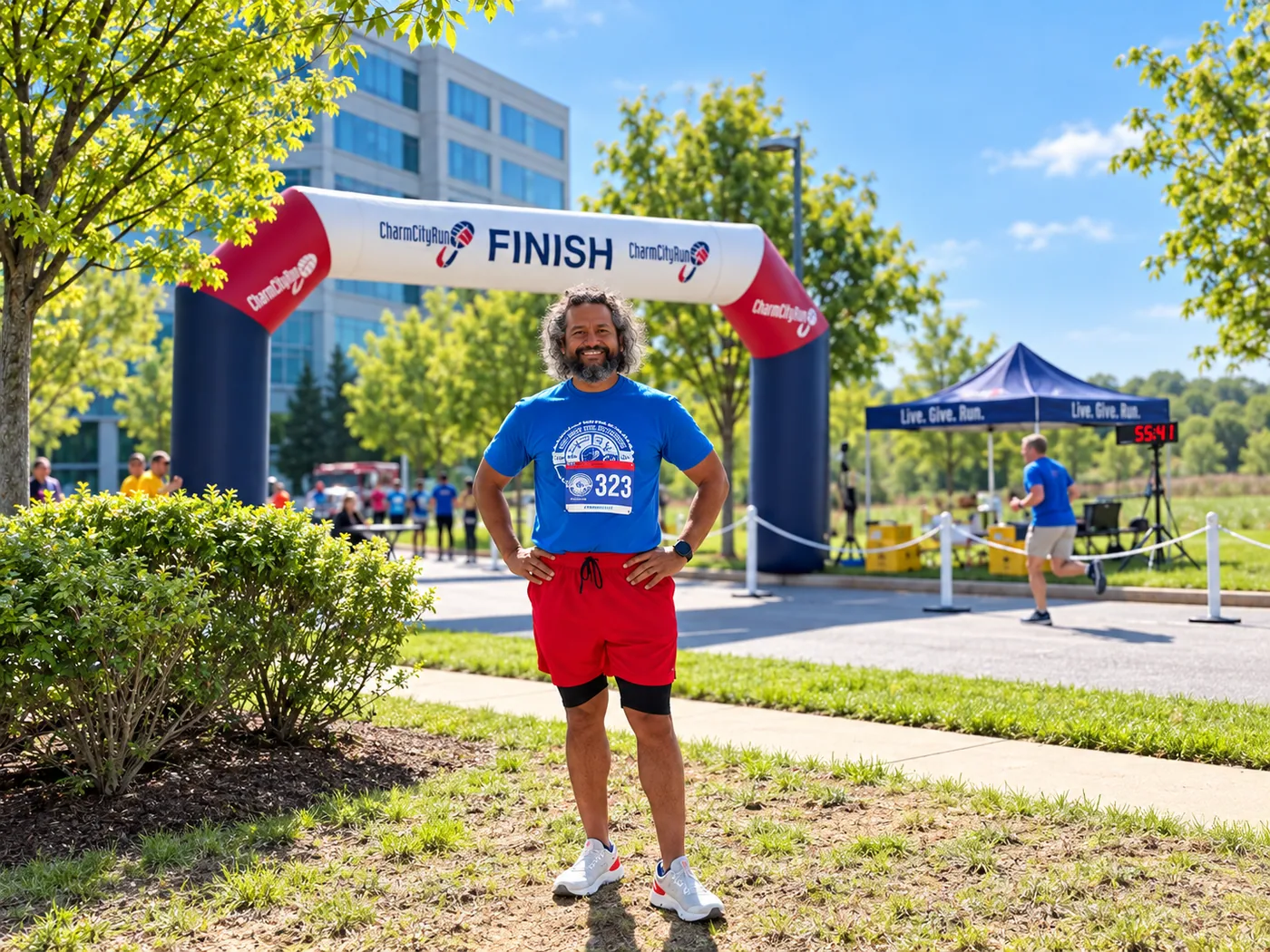 Chatterpaul standing proudly near a finish arch