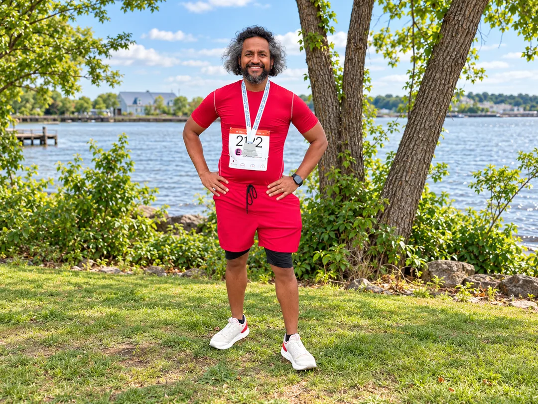 Chatterpaul smiling after a race near the water